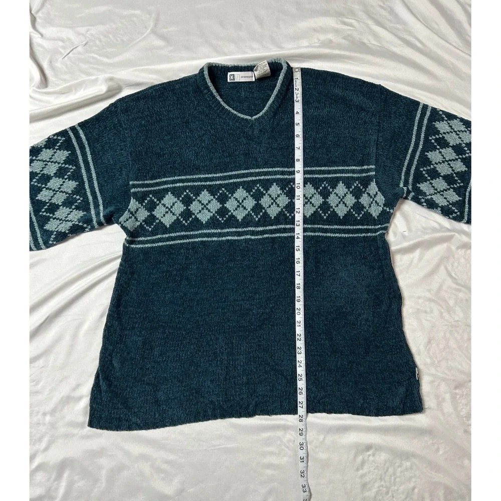 Xtremegear Mens Teal Chenille Argyle V-Neck Sweater Vintage Style Knit Nordic L